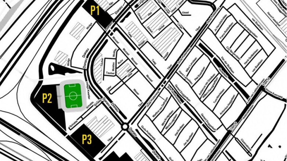 Het stadion van ADO Den Haag met de parkeerterreinen P1, P2 en P3