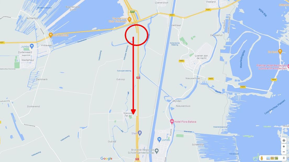 A2 tussen Vinkeveen en Nieuwer ter Aa verdwijnt per ongeluk van Google Maps