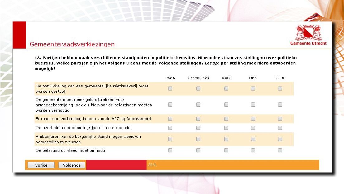 Screenshot van de enquête door de gemeente Utrecht.