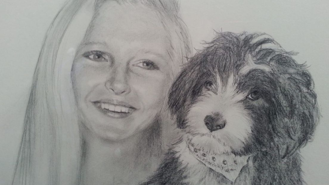 Leona met haar hond Mike | Tekening: Mieke van Doornik
