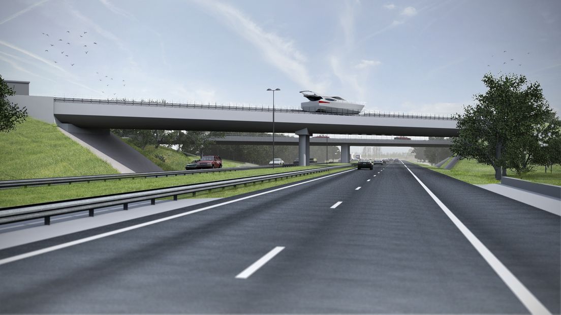 De A50 vormt nu nog een blokkade in het Apeldoorns Kanaal. Een brug over de snelweg met een lopende band moet boten van de ene kant van de vaarroute naar de andere brengen zodat varen weer mogelijk wordt.
