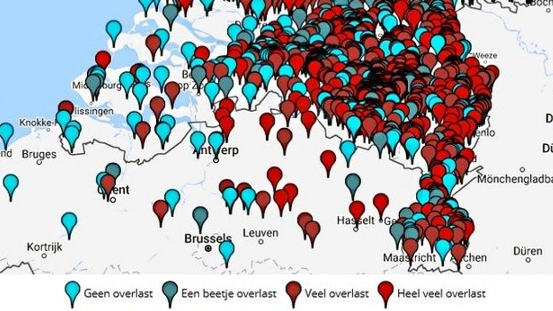 Kaart van muggenoverlastmeldingen in Zuid-Nederland