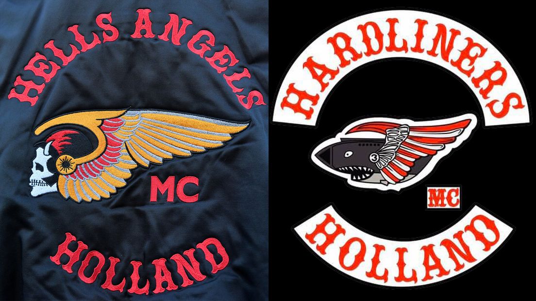 De logo's van motorclubs Hells Angels en Hardliners
