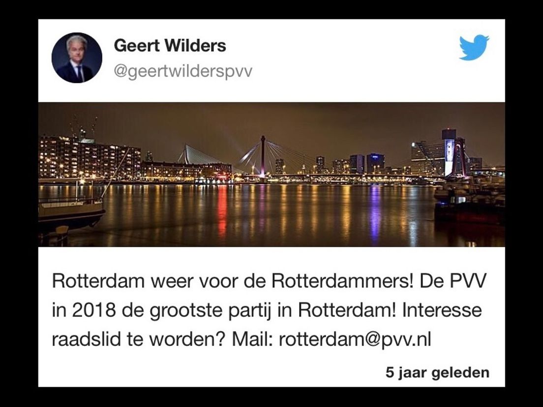 Geert Wilders is in een tweet optimistisch over de PVV Rotterdam