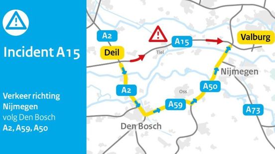 A15 Gorinchem-Nijmegen door ongeluk dicht bij Tiel.